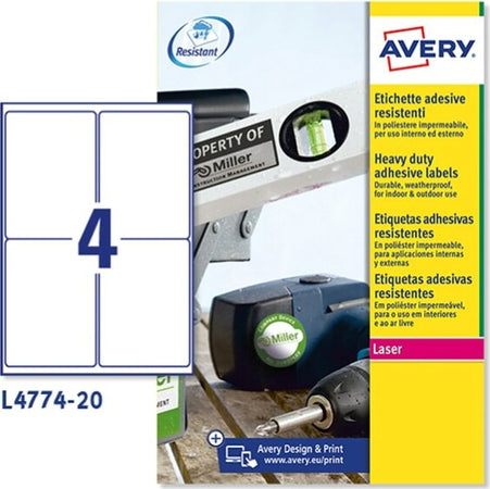 Etichetta in poliestere L4774 - adatta a stampanti laser - permanente - 99 1x139 mm - 4 etichette per foglio - bianco - Avery - conf. 20 fogli A4 Cancelleria e prodotti per ufficio/Archivio ufficio e accessori per scrivania/Etichette divisori per schedario e timbri/Etichette ed etichette adesive/Etichette per stampanti Eurocartuccia - Pavullo, Commerciovirtuoso.it