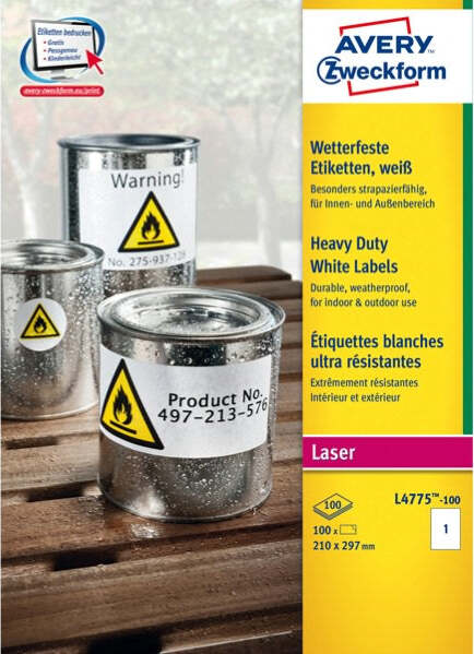 Etichetta in poliestere L4775 - adatta a stampanti laser - permanente - 210 x 297 mm - 1 etichette per foglio - bianco - Avery - conf. 100 fogli A4 Cancelleria e prodotti per ufficio/Archivio ufficio e accessori per scrivania/Etichette divisori per schedario e timbri/Etichette ed etichette adesive/Etichette per stampanti Eurocartuccia - Pavullo, Commerciovirtuoso.it
