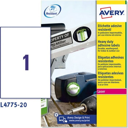 Etichetta in poliestere L4775 - adatta a stampanti laser - permanente - 210x297 mm - 1 etichetta per foglio - bianco - Avery - conf. 20 fogli A4 Cancelleria e prodotti per ufficio/Archivio ufficio e accessori per scrivania/Etichette divisori per schedario e timbri/Etichette ed etichette adesive/Etichette per stampanti Eurocartuccia - Pavullo, Commerciovirtuoso.it
