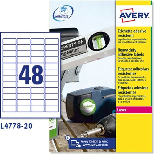 Etichetta in poliestere L4778 - adatta a stampanti laser - permanente - 45 7x21 2 mm - 48 etichette per foglio - bianco - Avery - conf. 20 fogli A4 Cancelleria e prodotti per ufficio/Archivio ufficio e accessori per scrivania/Etichette divisori per schedario e timbri/Etichette ed etichette adesive/Etichette per stampanti Eurocartuccia - Pavullo, Commerciovirtuoso.it