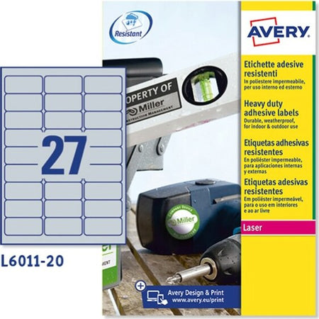 Etichetta in poliestere L6011 - adatta a stampanti laser - permanente - 63 5x29 6 mm - 27 etichette per foglio - argento - Avery - conf. 20 fogli A4 Cancelleria e prodotti per ufficio/Archivio ufficio e accessori per scrivania/Etichette divisori per schedario e timbri/Etichette ed etichette adesive/Etichette per stampanti Eurocartuccia - Pavullo, Commerciovirtuoso.it