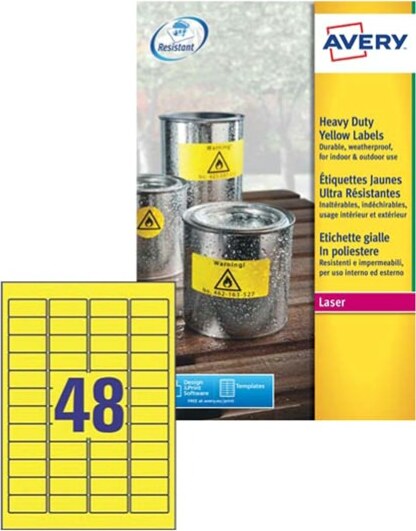 Etichetta in poliestere L6103 - adatta a stampanti laser - permanente - 45 7x21 2 mm - 48 etichette per foglio - giallo fluo - Avery - conf. 20 fogli A4 Cancelleria e prodotti per ufficio/Archivio ufficio e accessori per scrivania/Etichette divisori per schedario e timbri/Etichette ed etichette adesive/Etichette per stampanti Eurocartuccia - Pavullo, Commerciovirtuoso.it