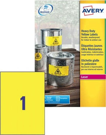 Etichetta in poliestere L6111 - adatta a stampanti laser - permanente - 210x297 mm - 1 etichette per foglio - giallo fluo - Avery - conf. 20 fogli A4 Cancelleria e prodotti per ufficio/Archivio ufficio e accessori per scrivania/Etichette divisori per schedario e timbri/Etichette ed etichette adesive/Etichette per stampanti Eurocartuccia - Pavullo, Commerciovirtuoso.it