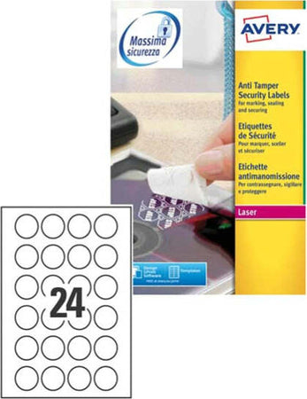 Etichetta in poliestere L6112 - adatta a stampanti laser - permanente - antimanomissione - D 40 mm - 24 etichette per foglio - bianco - Avery - conf. 20 fogli A4 Cancelleria e prodotti per ufficio/Archivio ufficio e accessori per scrivania/Etichette divisori per schedario e timbri/Etichette ed etichette adesive/Etichette per stampanti Eurocartuccia - Pavullo, Commerciovirtuoso.it
