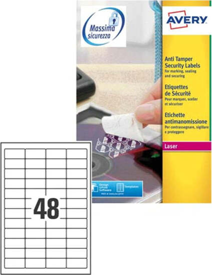 Etichetta in poliestere L6113 - adatta a stampanti laser - permanente - antimanomissione - 45 7 x 21 2 mm - 48 etichette per foglio - bianco - Avery - conf. 20 fogli A4 Cancelleria e prodotti per ufficio/Archivio ufficio e accessori per scrivania/Etichette divisori per schedario e timbri/Etichette ed etichette adesive/Etichette per stampanti Eurocartuccia - Pavullo, Commerciovirtuoso.it