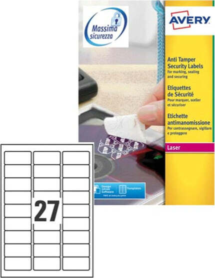 Etichetta in poliestere L6114 - adatta a stampanti laser - permanente - antimanomissione - 63 5 x 29 6 mm - 27 etichette per foglio - bianco - Avery - conf. 20 fogli A4 Cancelleria e prodotti per ufficio/Archivio ufficio e accessori per scrivania/Etichette divisori per schedario e timbri/Etichette ed etichette adesive/Etichette per stampanti Eurocartuccia - Pavullo, Commerciovirtuoso.it