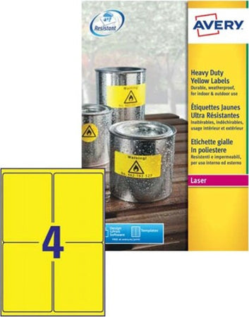 Etichetta in poliestere L6127 - adatta a stampanti laser - 99 1 x 139 mm - 4 etichette per foglio - giallo fluo - Avery - conf. 20 fogli A4 Cancelleria e prodotti per ufficio/Archivio ufficio e accessori per scrivania/Etichette divisori per schedario e timbri/Etichette ed etichette adesive/Etichette per stampanti Eurocartuccia - Pavullo, Commerciovirtuoso.it