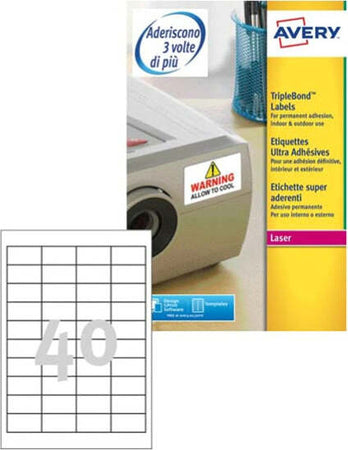 Etichetta in poliestere L6140 - adatta a stampanti laser - permanente - Extra Strong - 45 7 x 25 4 mm - 40 etichette per foglio - bianco - Avery - conf. 20 fogli A4 Cancelleria e prodotti per ufficio/Archivio ufficio e accessori per scrivania/Etichette divisori per schedario e timbri/Etichette ed etichette adesive/Etichette per stampanti Eurocartuccia - Pavullo, Commerciovirtuoso.it