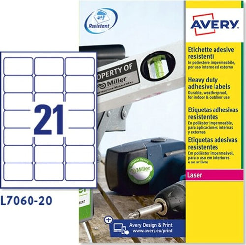 Etichetta in poliestere L7060 - adatta a stampanti laser - permanente - 63 5x38 1 mm - 21 etichette per foglio - bianco - Avery - conf. 20 fogli A4 Cancelleria e prodotti per ufficio/Archivio ufficio e accessori per scrivania/Etichette divisori per schedario e timbri/Etichette ed etichette adesive/Etichette per stampanti Eurocartuccia - Pavullo, Commerciovirtuoso.it