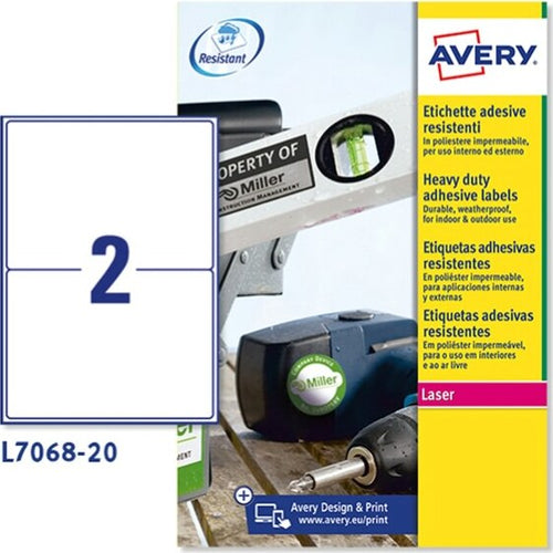 Etichetta in poliestere L7068 - adatta a stampanti laser - permanente - 199 6x143 5 mm - 2 etichette per foglio - bianco - Avery - conf. 20 fogli A4 Cancelleria e prodotti per ufficio/Archivio ufficio e accessori per scrivania/Etichette divisori per schedario e timbri/Etichette ed etichette adesive/Etichette per stampanti Eurocartuccia - Pavullo, Commerciovirtuoso.it