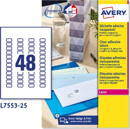 Etichetta in poliestere L7553 - adatta a stampanti laser - permanente - 22 x 12 7 mm - 48 etichette per foglio - trasparente - Avery - conf. 25 fogli A4 Cancelleria e prodotti per ufficio/Archivio ufficio e accessori per scrivania/Etichette divisori per schedario e timbri/Etichette ed etichette adesive/Etichette per stampanti Eurocartuccia - Pavullo, Commerciovirtuoso.it