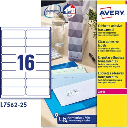 Etichetta in poliestere L7562 - adatta a stampanti laser - permanente - 99 1 x 34 mm - 16 etichette per foglio - trasparente - Avery - conf. 25 fogli A4 Cancelleria e prodotti per ufficio/Archivio ufficio e accessori per scrivania/Etichette divisori per schedario e timbri/Etichette ed etichette adesive/Etichette per stampanti Eurocartuccia - Pavullo, Commerciovirtuoso.it