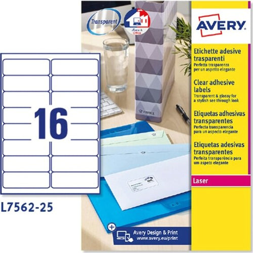 Etichetta in poliestere L7562 - adatta a stampanti laser - permanente - 99 1 x 34 mm - 16 etichette per foglio - trasparente - Avery - conf. 25 fogli A4 Cancelleria e prodotti per ufficio/Archivio ufficio e accessori per scrivania/Etichette divisori per schedario e timbri/Etichette ed etichette adesive/Etichette per stampanti Eurocartuccia - Pavullo, Commerciovirtuoso.it