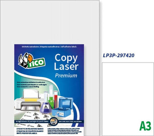 Etichetta in poliestere LP3P - adatta a stampanti laser - permanente - 297 x 420mm - 1 etichetta per foglio - bianco - Tico - conf. 250 fogli A3 Cancelleria e prodotti per ufficio/Archivio ufficio e accessori per scrivania/Etichette divisori per schedario e timbri/Etichette ed etichette adesive/Etichette per stampanti Eurocartuccia - Pavullo, Commerciovirtuoso.it