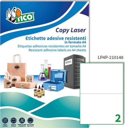 Etichetta in poliestere LP4P - adatta a stampanti laser - permanente - 210x148 mm - 2 etichette per foglio - bianco - Tico - conf. 70 fogli A4 Cancelleria e prodotti per ufficio/Archivio ufficio e accessori per scrivania/Etichette divisori per schedario e timbri/Etichette ed etichette adesive/Etichette per stampanti Eurocartuccia - Pavullo, Commerciovirtuoso.it