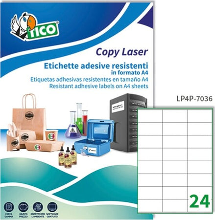 Etichetta in poliestere LP4P - adatta a stampanti laser - permanente - 70x36 mm - 24 etichette per foglio - bianco - Tico - conf. 70 fogli A4 Cancelleria e prodotti per ufficio/Archivio ufficio e accessori per scrivania/Etichette divisori per schedario e timbri/Etichette ed etichette adesive/Etichette per stampanti Eurocartuccia - Pavullo, Commerciovirtuoso.it
