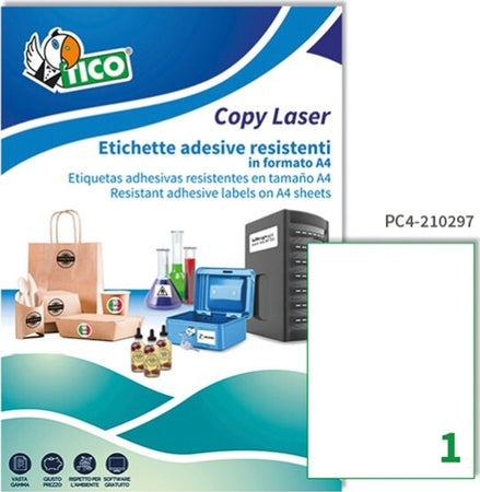 Etichetta in poliestere PC4 - adatta a stampanti laser - permanente - 210x297 mm - 1 etichetta per foglio - trasparente - Tico - conf. 100 fogli A4 Cancelleria e prodotti per ufficio/Archivio ufficio e accessori per scrivania/Etichette divisori per schedario e timbri/Etichette ed etichette adesive/Etichette per stampanti Eurocartuccia - Pavullo, Commerciovirtuoso.it