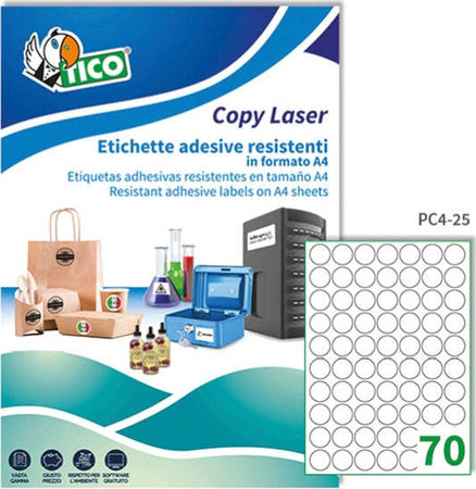 Etichetta in poliestere PC4 - adatta a stampanti laser - permanente - D 25 mm - 70 etichette per foglio - trasparente - Tico - conf. 100 fogli A4 Cancelleria e prodotti per ufficio/Archivio ufficio e accessori per scrivania/Etichette divisori per schedario e timbri/Etichette ed etichette adesive/Etichette per stampanti Eurocartuccia - Pavullo, Commerciovirtuoso.it