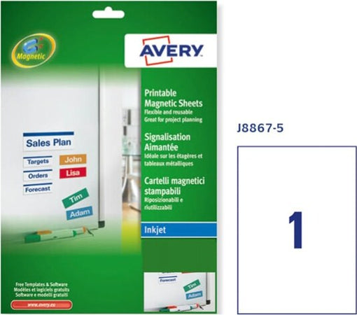 Etichetta magnetica J8867 - permanente - adatta a stampanti inkjet - 210x297 mm - 1 etichetta per foglio - bianco - Avery - conf. 5 fogli A4 Cancelleria e prodotti per ufficio/Archivio ufficio e accessori per scrivania/Etichette divisori per schedario e timbri/Etichette ed etichette adesive/Etichette per stampanti Eurocartuccia - Pavullo, Commerciovirtuoso.it