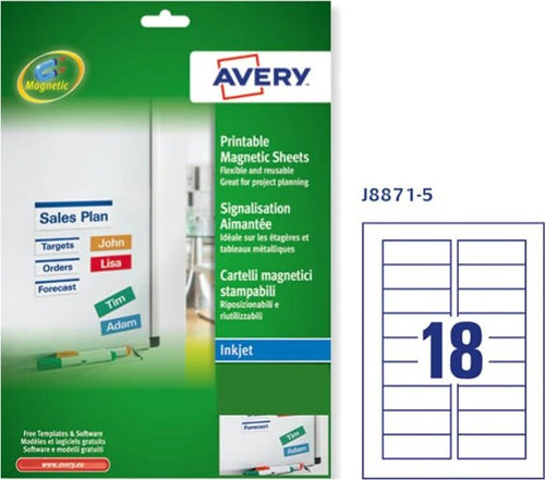Etichetta magnetica J8871 - permanente - adatta a stampanti inkjet - 78x28 mm - 18 etichette per foglio - bianco - Avery - conf. 5 fogli A4 Cancelleria e prodotti per ufficio/Archivio ufficio e accessori per scrivania/Etichette divisori per schedario e timbri/Etichette ed etichette adesive/Etichette per stampanti Eurocartuccia - Pavullo, Commerciovirtuoso.it