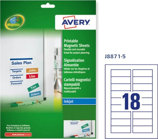 Etichetta magnetica J8871 - permanente - adatta a stampanti inkjet - 78x28 mm - 18 etichette per foglio - bianco - Avery - conf. 5 fogli A4 Cancelleria e prodotti per ufficio/Archivio ufficio e accessori per scrivania/Etichette divisori per schedario e timbri/Etichette ed etichette adesive/Etichette per stampanti Eurocartuccia - Pavullo, Commerciovirtuoso.it