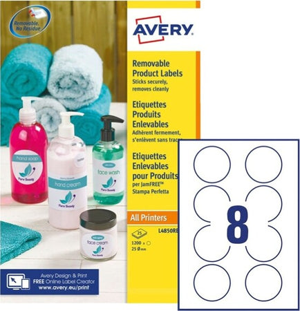 Etichette adesive L4850 - carta bianca - rimovibile - adatta per stampati laser-inkjet - D 63 5 mm - 8 etichette per foglio - Avery - conf. 25 fogli A4 Cancelleria e prodotti per ufficio/Archivio ufficio e accessori per scrivania/Etichette divisori per schedario e timbri/Etichette ed etichette adesive/Etichette per stampanti Eurocartuccia - Pavullo, Commerciovirtuoso.it
