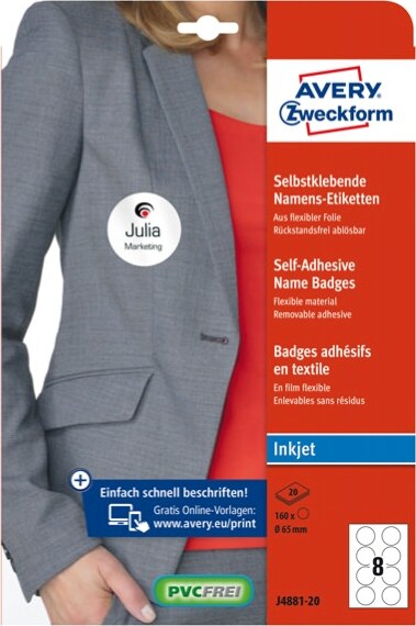 Etichette badge - seta acetata bianca - adatta a stampanti inkjet - D 65 mm - 8 etichette per foglio - Avery - conf. 20 fogli A4 Cancelleria e prodotti per ufficio/Archivio ufficio e accessori per scrivania/Etichette divisori per schedario e timbri/Etichette ed etichette adesive/Etichette per stampanti Eurocartuccia - Pavullo, Commerciovirtuoso.it