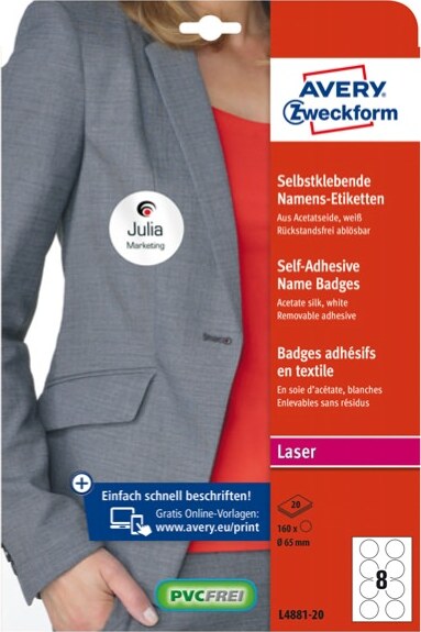 Etichette badge - seta acetata bianca - adatta a stampanti laser - D 65 mm - 8 etichette per foglio - Avery - conf. 20 fogli A4 Cancelleria e prodotti per ufficio/Archivio ufficio e accessori per scrivania/Etichette divisori per schedario e timbri/Etichette ed etichette adesive/Etichette per stampanti Eurocartuccia - Pavullo, Commerciovirtuoso.it