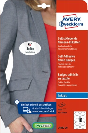 Etichette badge per tessuti ovale - 85 x 50 mm - 20 fogli (10 et-fg) - inkjet - Avery Cancelleria e prodotti per ufficio/Archivio ufficio e accessori per scrivania/Etichette divisori per schedario e timbri/Etichette ed etichette adesive/Etichette per stampanti Eurocartuccia - Pavullo, Commerciovirtuoso.it