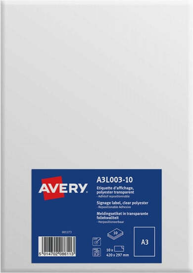 Etichette in poliestere - rimovibili - autoaderenti - A3 - 1 etichetta per foglio - trasparente - Avery - conf. 10 fogli Cancelleria e prodotti per ufficio/Archivio ufficio e accessori per scrivania/Etichette divisori per schedario e timbri/Etichette ed etichette adesive/Etichette per stampanti Eurocartuccia - Pavullo, Commerciovirtuoso.it