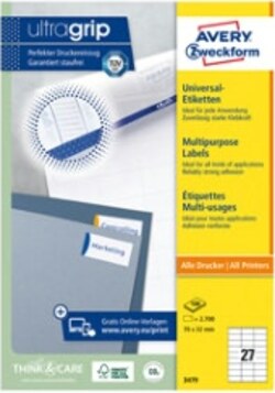 Etichette laser-inkjet-copiatrici - 70 x 32 cm - bianco - Avery - conf. 100 fogli Cancelleria e prodotti per ufficio/Archivio ufficio e accessori per scrivania/Etichette divisori per schedario e timbri/Etichette ed etichette adesive/Etichette per stampanti Eurocartuccia - Pavullo, Commerciovirtuoso.it