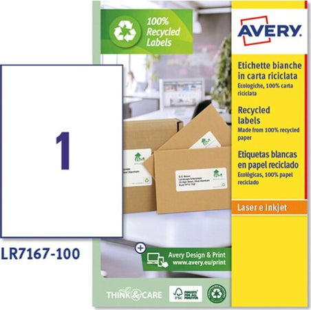 Etichette per buste e pacchi - carta riciclata - bianca - 199 6 x 289 1 mm - 100 fogli - Avery Cancelleria e prodotti per ufficio/Archivio ufficio e accessori per scrivania/Etichette divisori per schedario e timbri/Etichette ed etichette adesive/Etichette per stampanti Eurocartuccia - Pavullo, Commerciovirtuoso.it
