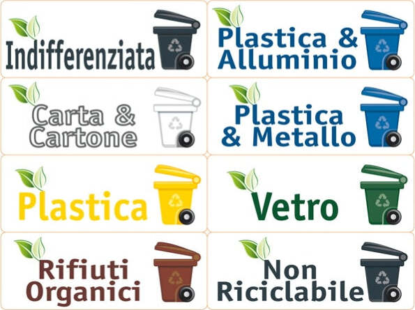 Etichette per raccolta differenziata - 12 x 4 5 cm - Tico - kit 16 pezzi Cancelleria e prodotti per ufficio/Archivio ufficio e accessori per scrivania/Etichette divisori per schedario e timbri/Etichette ed etichette adesive/Etichette per stampanti Eurocartuccia - Pavullo, Commerciovirtuoso.it