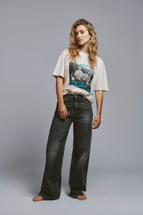 Roy Roger's x Eva Herzigova jeans donna wide fit nero dark vintage vita media in cotone