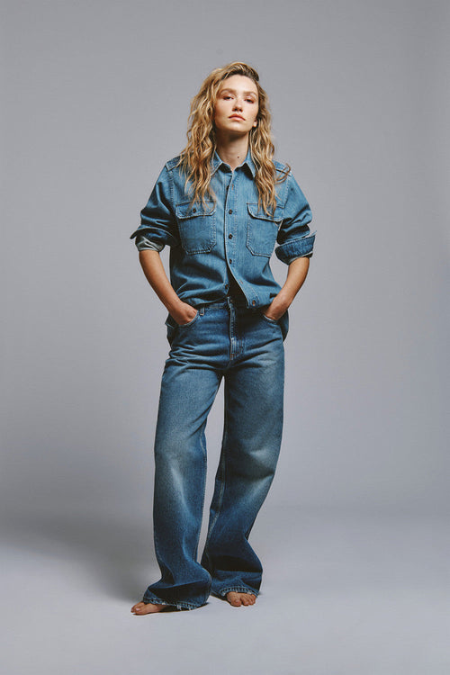 Roy Roger's x Eva Herzigova jeans donna wide fit denim blu vintage wash vita media cotone lyocell