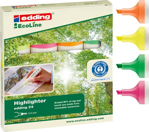 Evidenziatore 24 EcoLine - punta a scalpello - tratto da 2 0-5 0mm - astuccio 4 colori - Edding Cancelleria e prodotti per ufficio/Penne matite scrittura e correzione/Marcatori ed evidenziatori/Marcatori cancellabili a secco e liquidi Eurocartuccia - Pavullo, Commerciovirtuoso.it