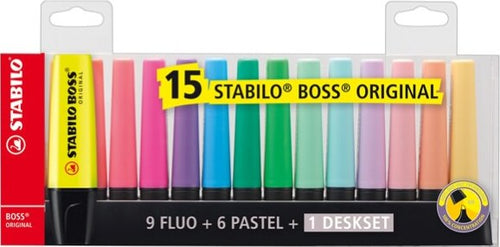 Evidenziatore Boss Original - punta a scalpello - tratto 2 - 5 mm - colori assortiti fluo + pastel - Stabilo - deskset 15 pezzi Cancelleria e prodotti per ufficio/Penne matite scrittura e correzione/Marcatori ed evidenziatori/Marcatori cancellabili a secco e liquidi Eurocartuccia - Pavullo, Commerciovirtuoso.it