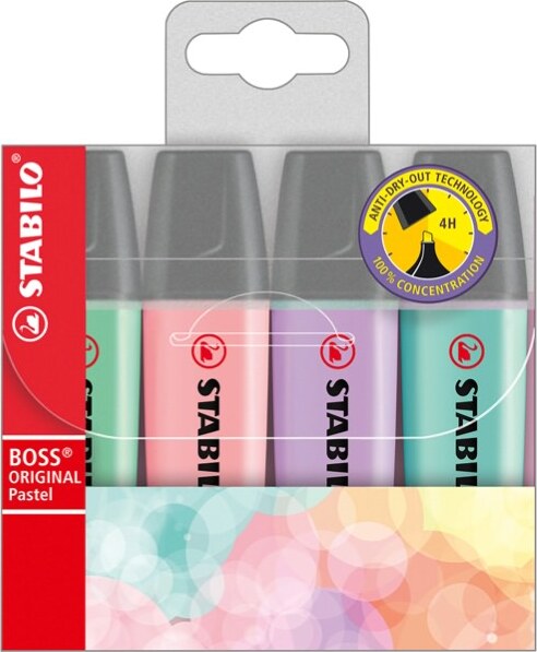 Evidenziatore Boss Original Pastel - punta a scalpello - tratto 2 - 5 mm - colori assortiti - Stabilo - busta 4 pezzi Cancelleria e prodotti per ufficio/Penne matite scrittura e correzione/Marcatori ed evidenziatori/Marcatori cancellabili a secco e liquidi Eurocartuccia - Pavullo, Commerciovirtuoso.it