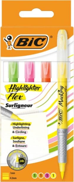 Evidenziatore Flex Highlighter - colori assortiti - Bic - astuccio 4 pezzi Cancelleria e prodotti per ufficio/Penne matite scrittura e correzione/Marcatori ed evidenziatori/Marcatori cancellabili a secco e liquidi Eurocartuccia - Pavullo, Commerciovirtuoso.it