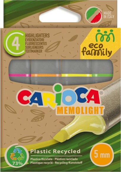 Evidenziatore Memolight Eco Family - colori assortiti - Carioca - scatola 4 pezzi Giochi e giocattoli/Attività creative/Accessori per disegnare e colorare/Pennelli Eurocartuccia - Pavullo, Commerciovirtuoso.it