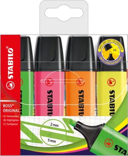 Evidenziatore Stabilo Boss Original - punta a scalpello - tratto da 2 - 5 mm - colori assortiti - Stabilo - conf. 4 pezzi Cancelleria e prodotti per ufficio/Penne matite scrittura e correzione/Marcatori ed evidenziatori/Marcatori cancellabili a secco e liquidi Eurocartuccia - Pavullo, Commerciovirtuoso.it