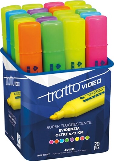 Evidenziatore Tratto Video - punta a scalpello - tratto 1 00 - 5 00 mm - colori assortiti - Tratto - barattolo 20 pezzi Cancelleria e prodotti per ufficio/Penne matite scrittura e correzione/Marcatori ed evidenziatori/Marcatori cancellabili a secco e liquidi Eurocartuccia - Pavullo, Commerciovirtuoso.it