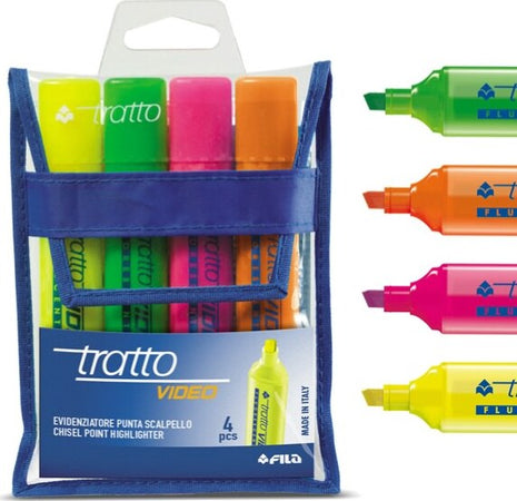 Evidenziatore Tratto Video - punta a scalpello - tratto da 1 0-5 0mm - astuccio 4 colori - Tratto Cancelleria e prodotti per ufficio/Penne matite scrittura e correzione/Marcatori ed evidenziatori/Marcatori cancellabili a secco e liquidi Eurocartuccia - Pavullo, Commerciovirtuoso.it
