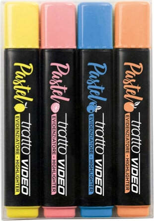 Evidenziatore Video Pastel - punta a scalpello - tratto da 1 - 5 mm - colori assortiti - Tratto - astuccio 4 pezzi Cancelleria e prodotti per ufficio/Penne matite scrittura e correzione/Marcatori ed evidenziatori/Marcatori cancellabili a secco e liquidi Eurocartuccia - Pavullo, Commerciovirtuoso.it
