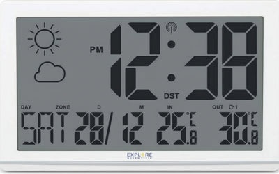 Explore-Scientific-RDC8001--Orologio-da-Parete-Jumbo-Radio-Controllato,-Sensore-Temperature-Esterna,-Previsioni-del-Tempo,-bianc