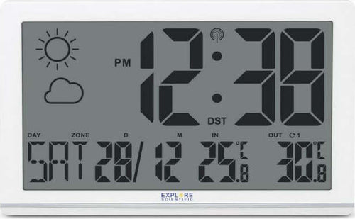 Explore-Scientific-RDC8001--Orologio-da-Parete-Jumbo-Radio-Controllato,-Sensore-Temperature-Esterna,-Previsioni-del-Tempo,-bianc