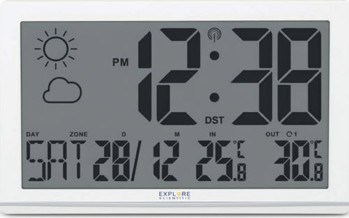 Explore-Scientific-RDC8001--Orologio-da-Parete-Jumbo-Radio-Controllato,-Sensore-Temperature-Esterna,-Previsioni-del-Tempo,-bianc