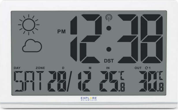 Explore-Scientific-RDC8001--Orologio-da-Parete-Jumbo-Radio-Controllato,-Sensore-Temperature-Esterna,-Previsioni-del-Tempo,-bianc