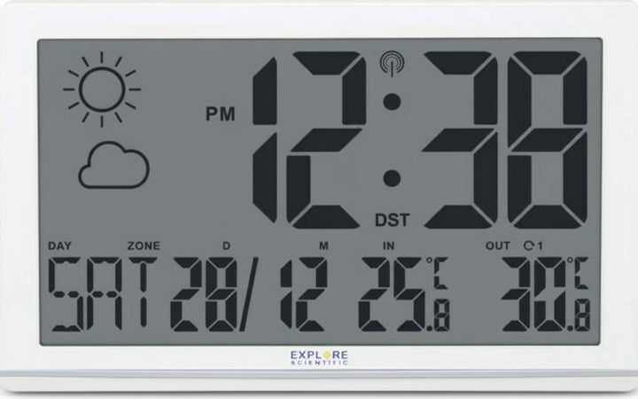 Explore-Scientific-RDC8001--Orologio-da-Parete-Jumbo-Radio-Controllato,-Sensore-Temperature-Esterna,-Previsioni-del-Tempo,-bianc