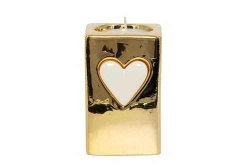 Portacandela in porcellana dorata con cuore bianco e candela inclusa, bomboniera Harmony formato medio